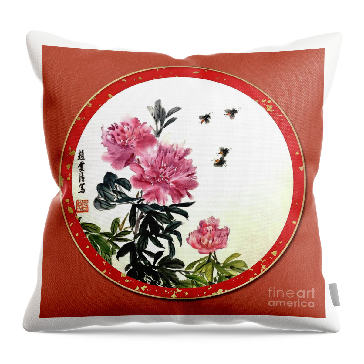 Peony Flowers Throw Pillow featuring the mixed media Rich and Honored, Being in Full Flower by Carmen Lam