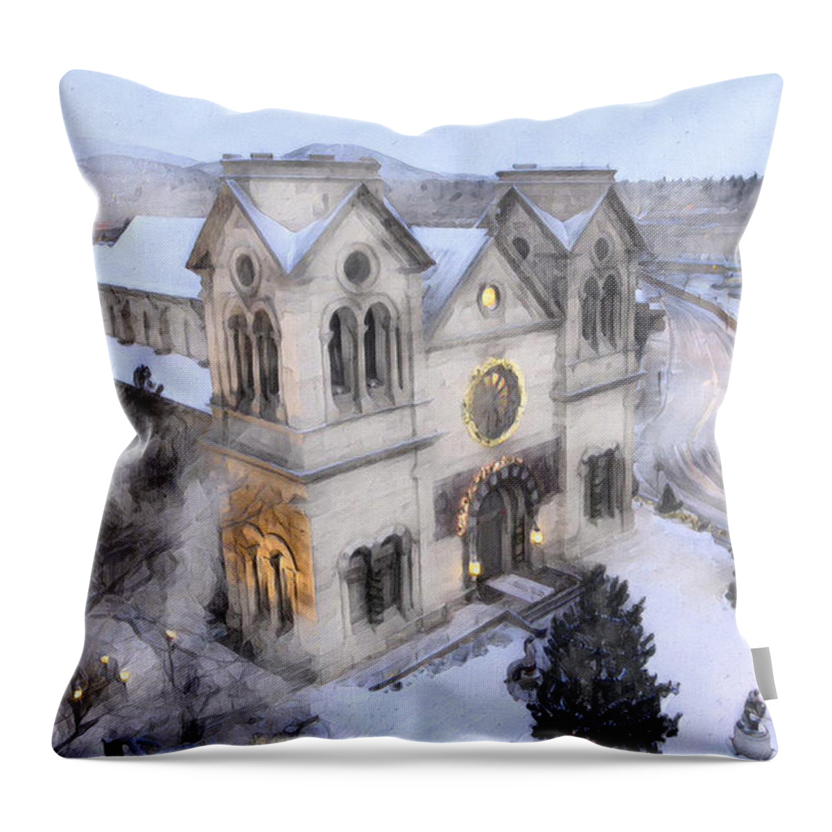 Church Throw Pillow featuring the digital art Santa Fe Cathedral by Aerial Santa Fe