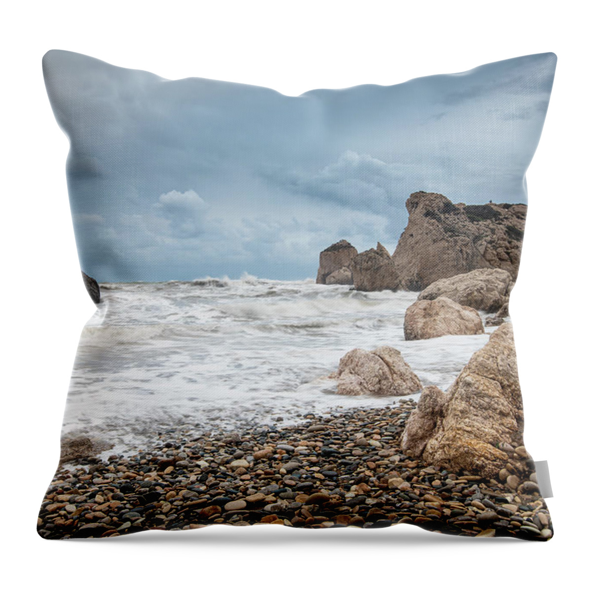 Paphos Throw Pillow featuring the photograph Seascapes with windy waves. Rock of Aphrodite Paphos Cyprus by Michalakis Ppalis