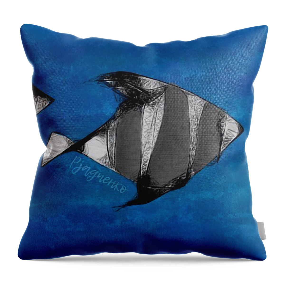 Blue Throw Pillow featuring the digital art Silver barbs in hurry by Ljev Rjadcenko