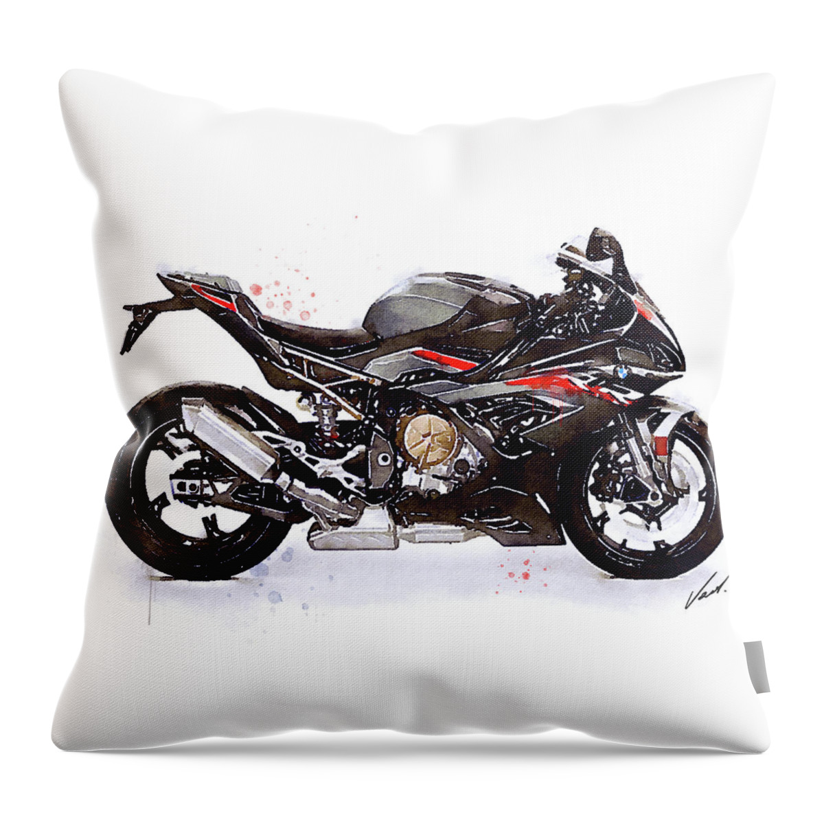Sport Throw Pillow featuring the painting Watercolor Motorcycle BMW S1000RR - original artwork by Vart. by Vart Studio
