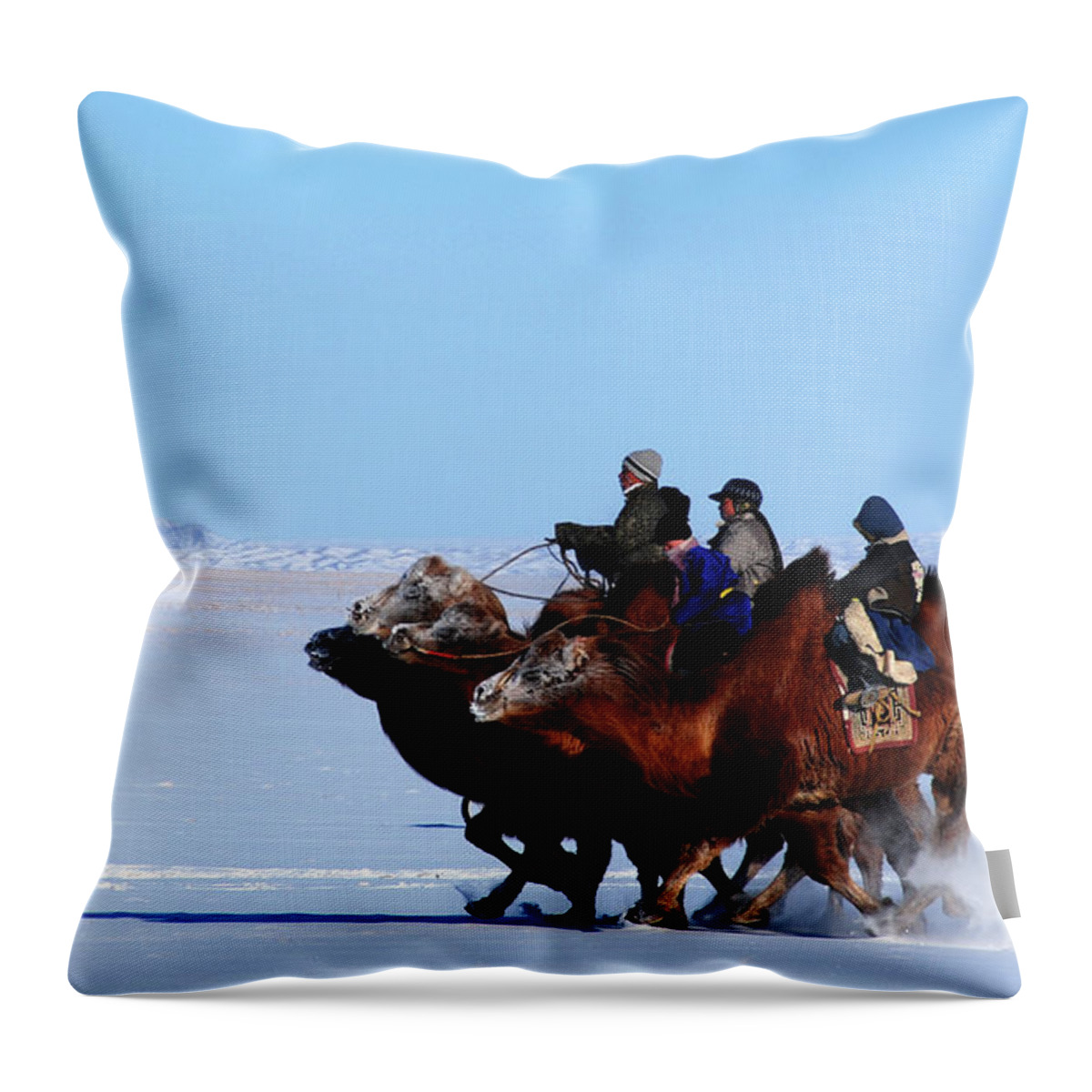 Winter Camel Racing Throw Pillow featuring the photograph Winter Camel racing by Elbegzaya Lkhagvasuren