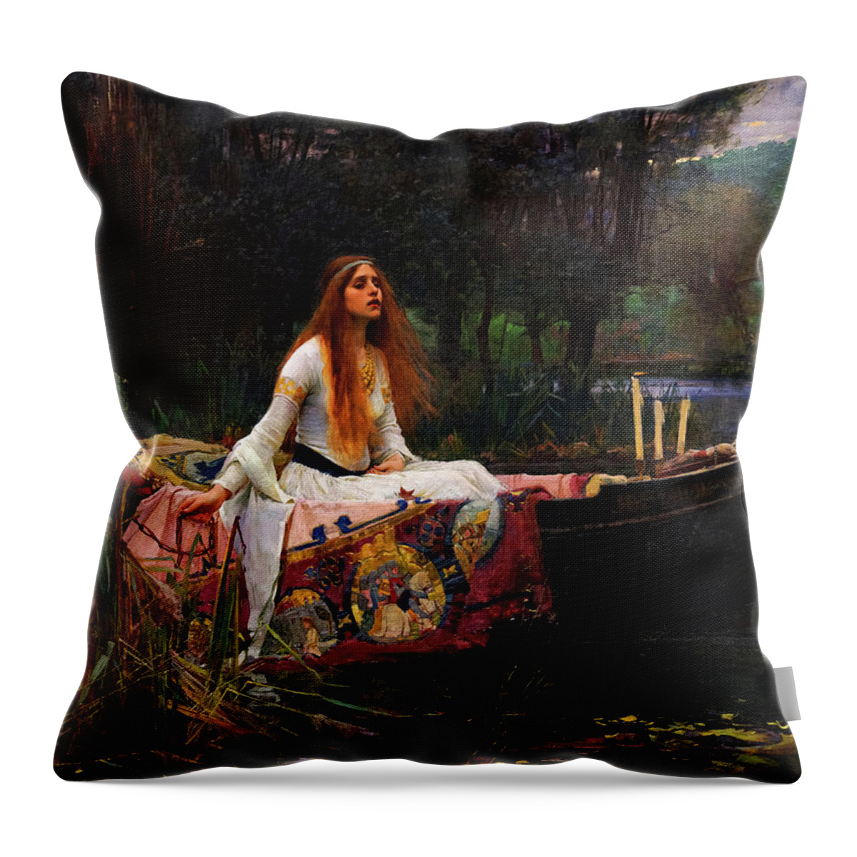 The Lady Of Shalott Throw Pillow featuring the painting The Lady of Shalott by John William Waterhouse
