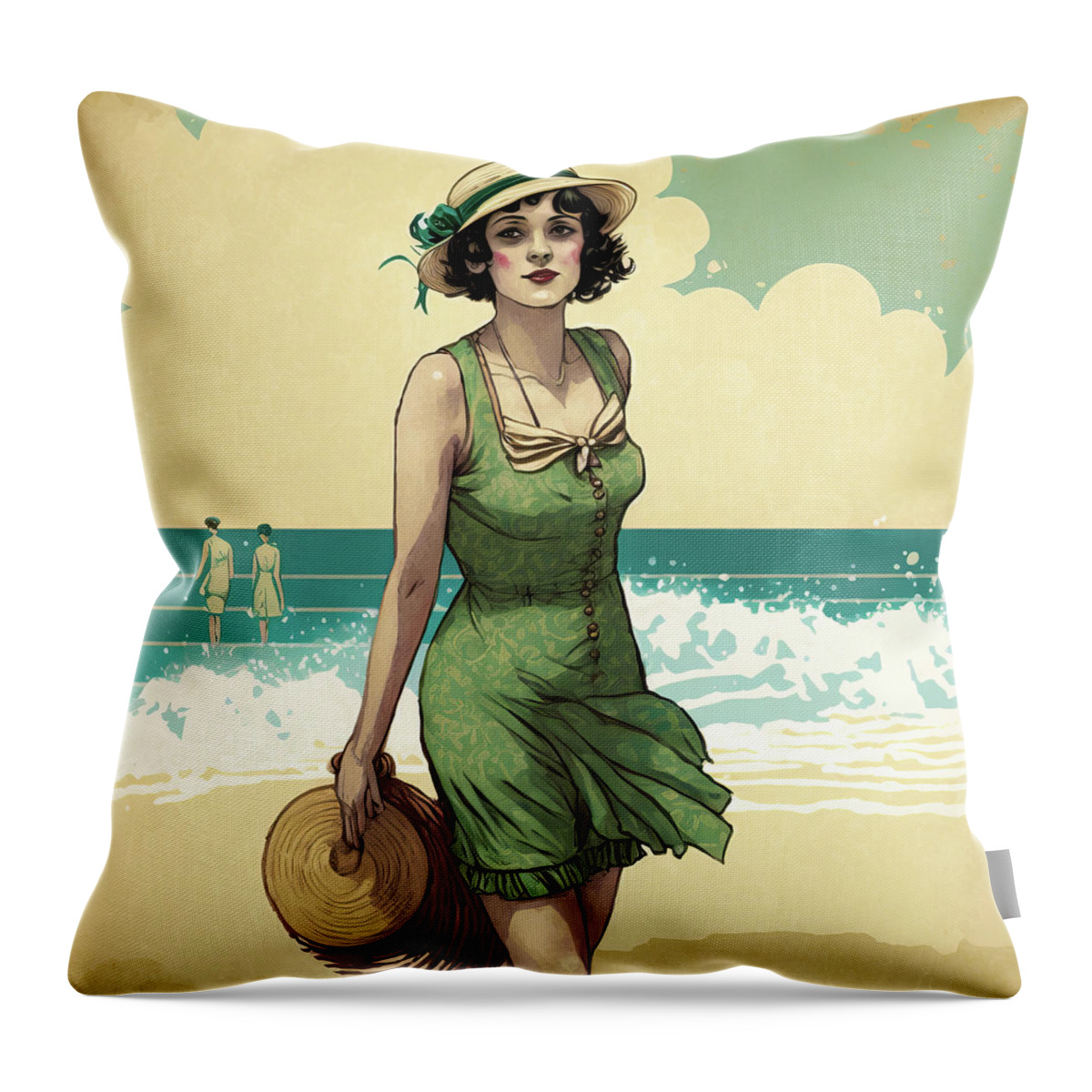 Flapper Throw Pillow featuring the digital art 1920s Flapper Woman at the Beach 01 by Matthias Hauser