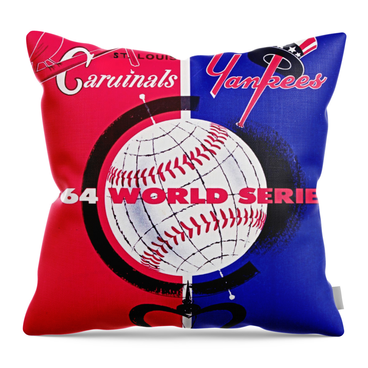 St. Louis Cardinals Throw Pillow featuring the mixed media 1964 World Series Program by Row One Brand