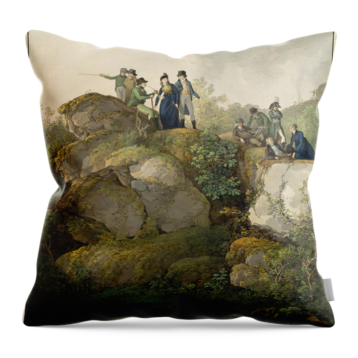 Johann Georg Von Dillis Throw Pillow featuring the drawing A Royal Party Admiring the Sunset atop the Hesselberg Mountain by Johann Georg von Dillis