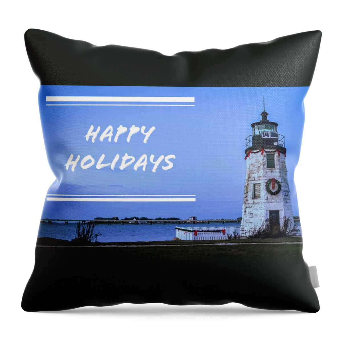 Happy Holidays From Goat Island Lighthouse Throw Pillow featuring the photograph Happy Holidays from Goat Island Lighthouse by Christina McGoran