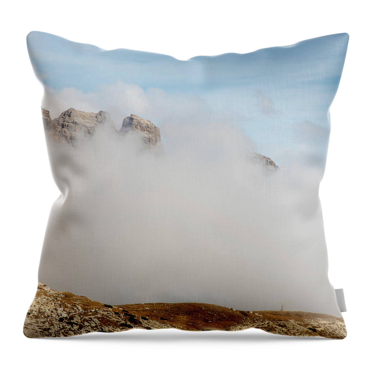 Tre Cime Throw Pillow featuring the photograph Mountain landscape with fog in autumn. Tre Cime dolomiti Italy. by Michalakis Ppalis