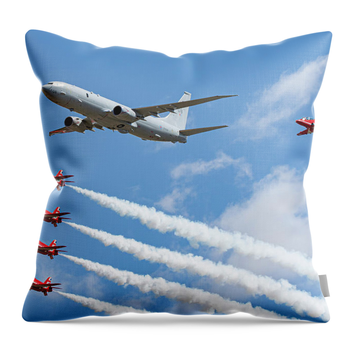 P 8 Poseidon Throw Pillow featuring the photograph Red Arrows and P8 Poseidon by Airpower Art