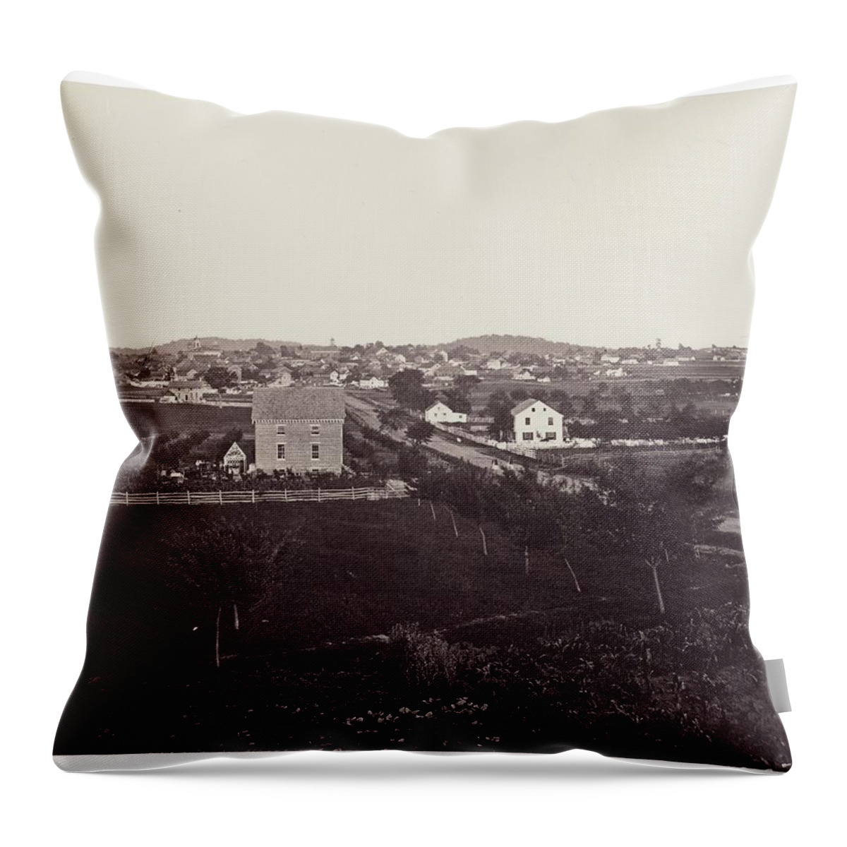 Formerly Attributed To Mathew B. Brady Wagon And Unidentified Union Army Tented Encampment In Distance Throw Pillow featuring the painting formerly attributed to MATHEW B. BRADY Wagon and Unidentified Union Army Tented Encampment in Distan by MotionAge Designs