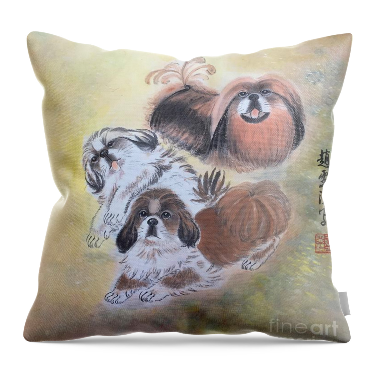 Pekes Throw Pillow featuring the painting Three Pekes in a Pod - 3 by Carmen Lam