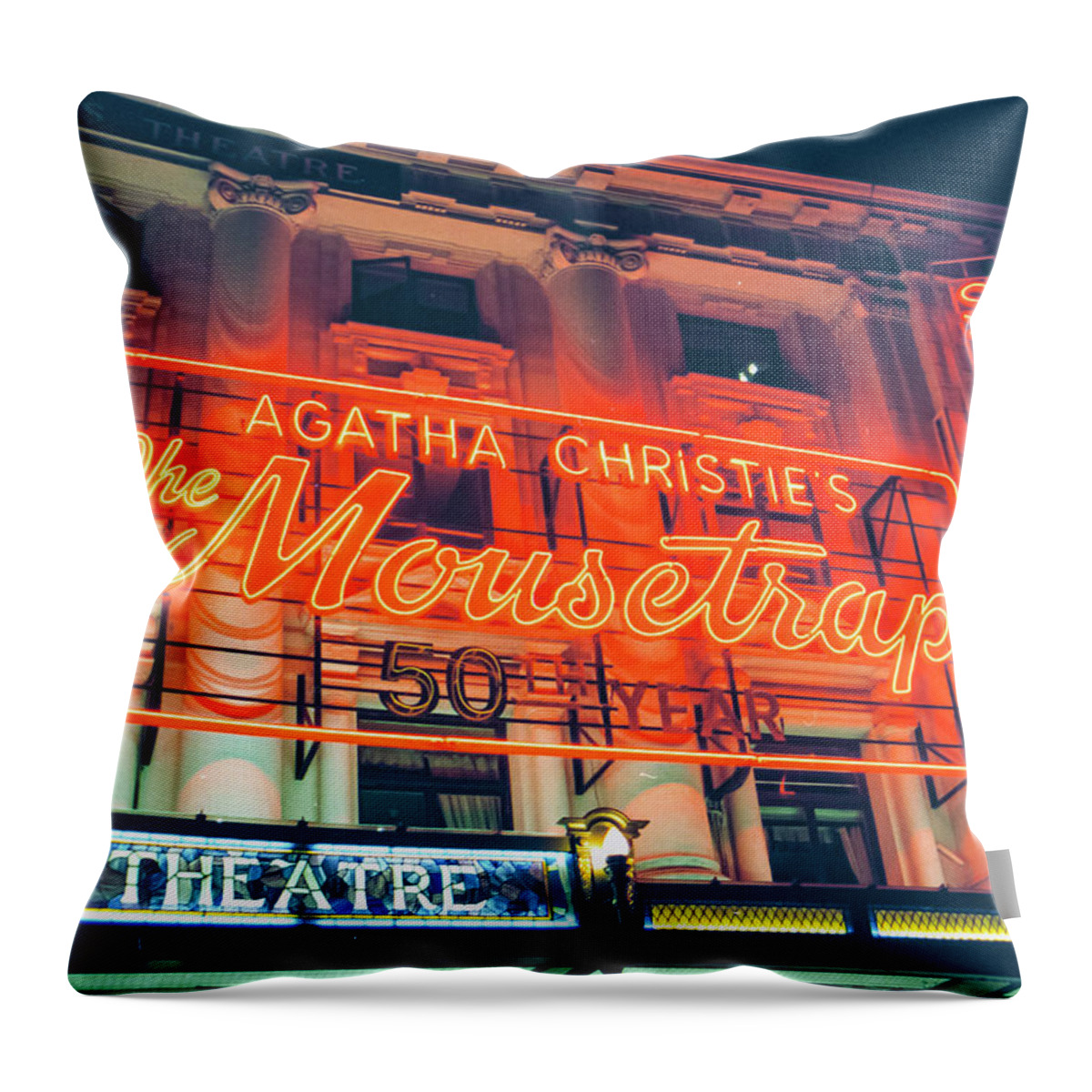 London Throw Pillow featuring the photograph 35mm Film image of Agatha Christie's The Mousetrap by Matthew Bamberg
