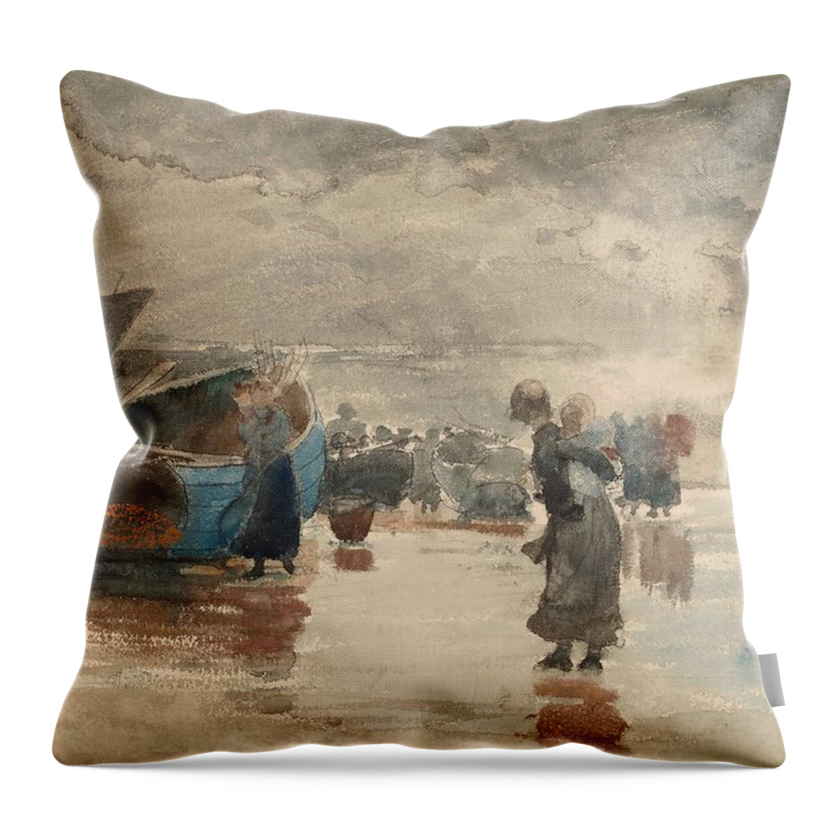 Winslow Homer Throw Pillow featuring the drawing On the Sands by Winslow Homer