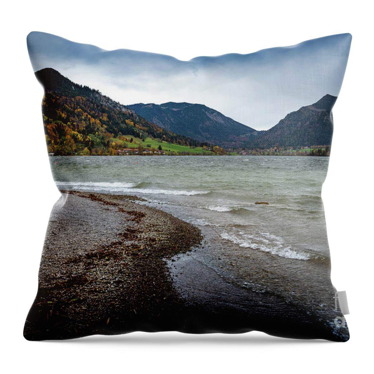 Schliersee Throw Pillow featuring the photograph A autumn day at the lake by Hannes Cmarits