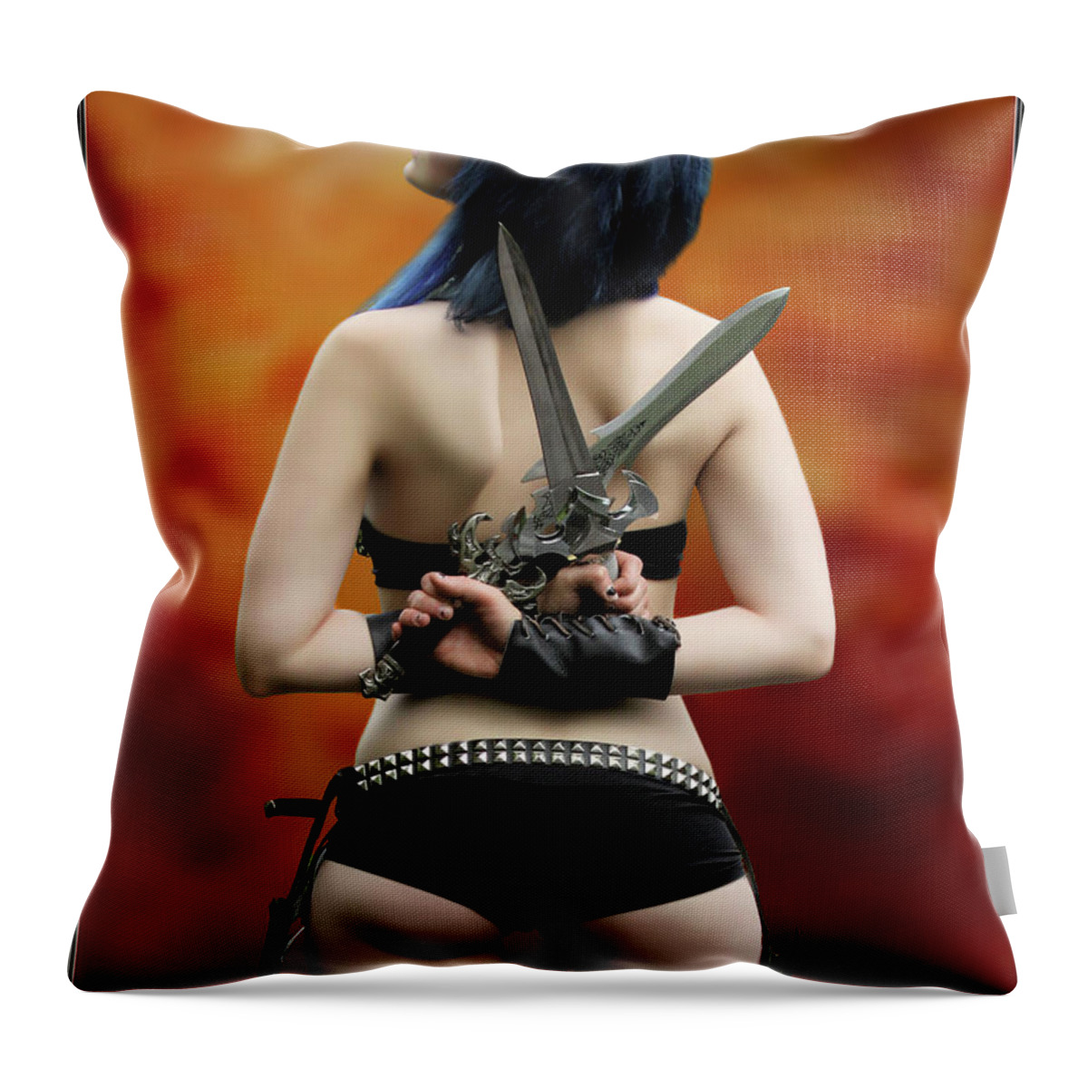 Girl Throw Pillow featuring the photograph A Girl And Her Knives by Jon Volden