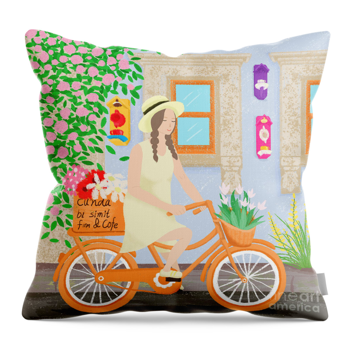 Girl Throw Pillow featuring the drawing A girl on a bicycle by Min Fen Zhu