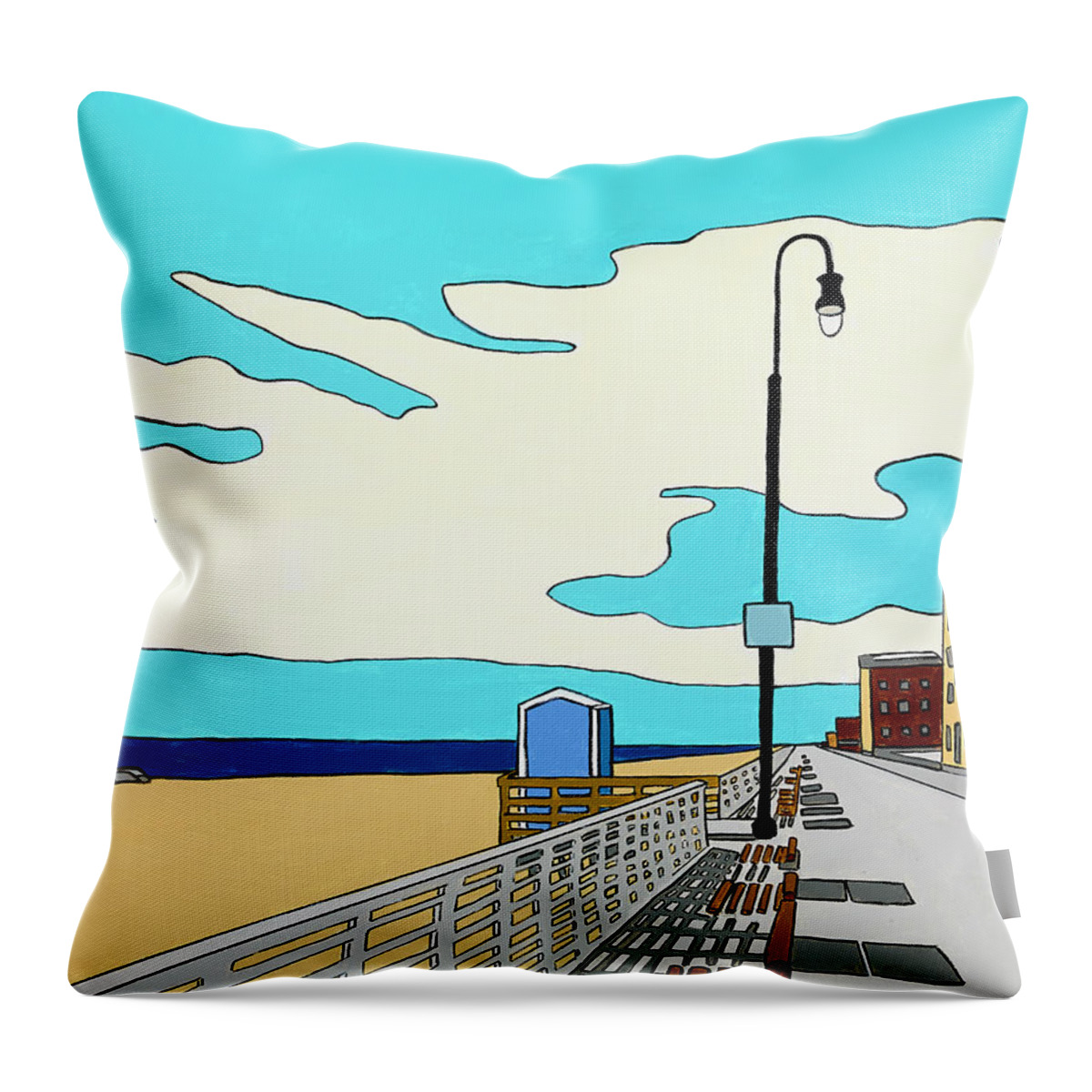 Long Beach Boardwalk Long Island Ocean Sand New York Beach Throw Pillow featuring the painting A Long Beach Morning by Mike Stanko