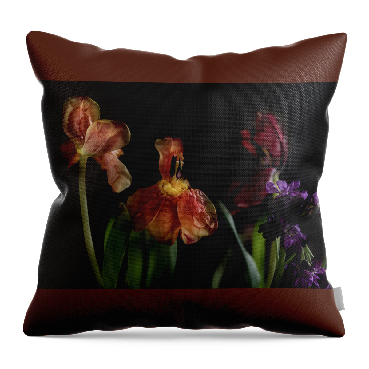 Tulips Flowers Floral Botany Botanical Still Life Vase Abundant Accent Aromatic Arranged Artful Artistic Beautiful Blooming Blossoming Budding Colorful Jewel-toned Luxurious Throw Pillow featuring the photograph A Passing Fancy by William Fields