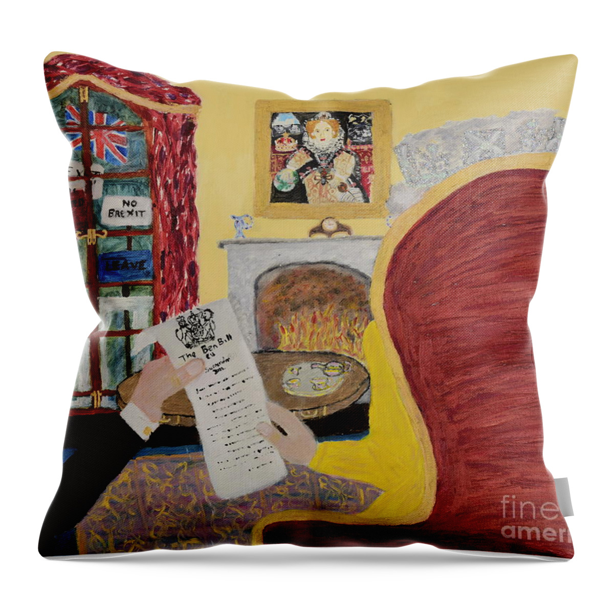Queen Elizabeth Throw Pillow featuring the painting A Royal Dilemma by David Westwood