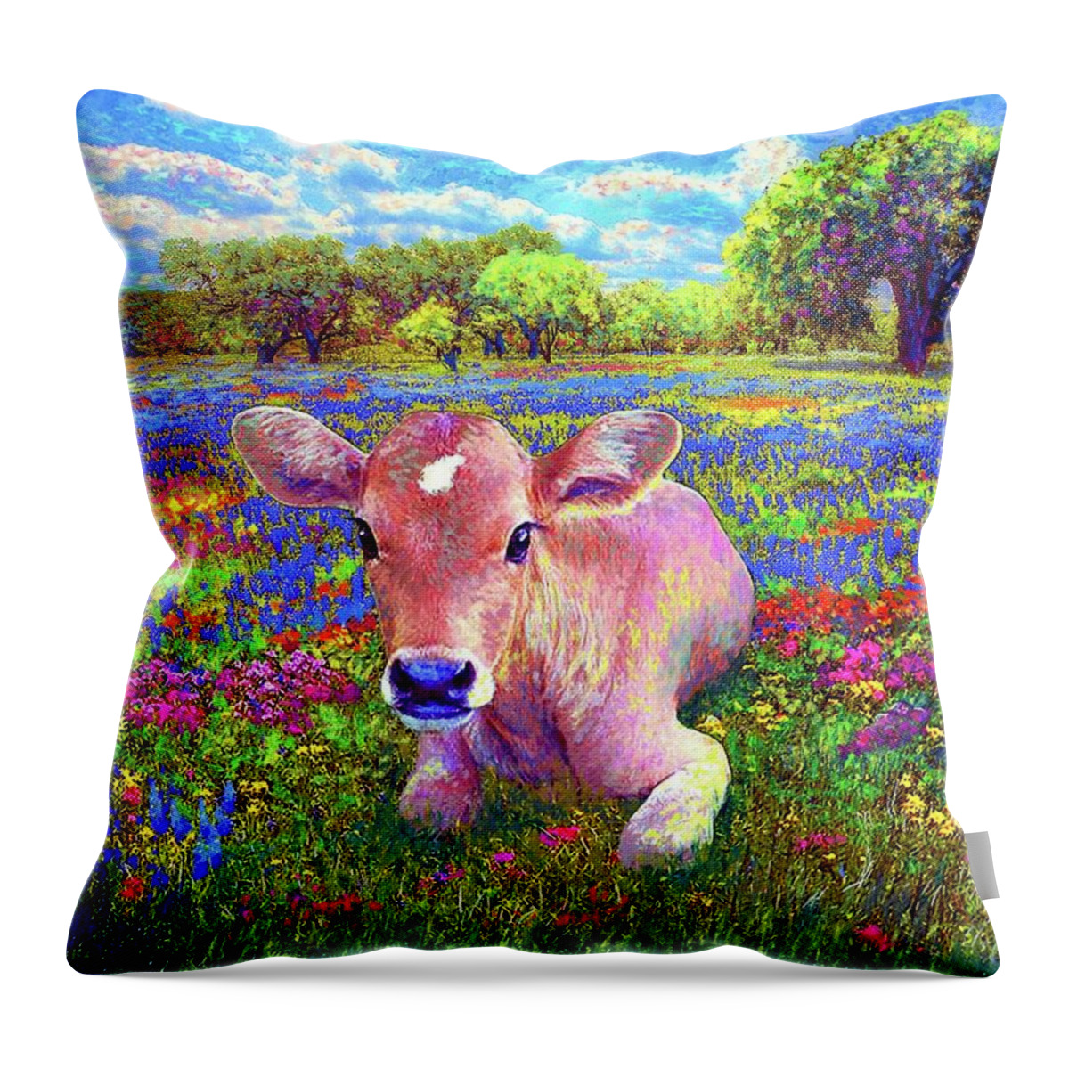 Floral Throw Pillow featuring the painting A Very Content Cow by Jane Small