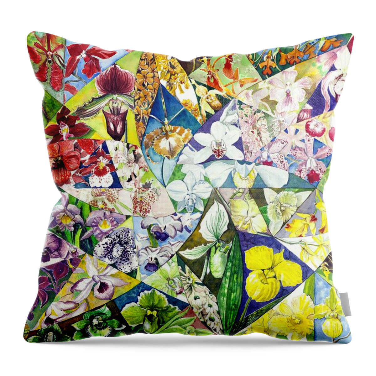 Aos Throw Pillow featuring the painting A Whirl of Orchids by Merana Cadorette