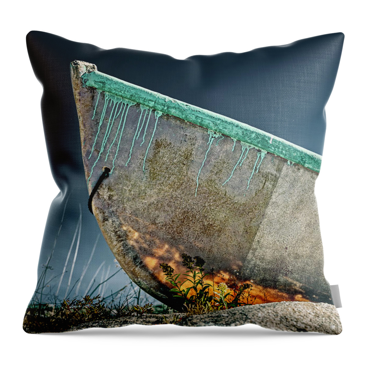 Boat Throw Pillow featuring the pyrography Abandoned Boat on the Rocks by Manpreet Sokhi
