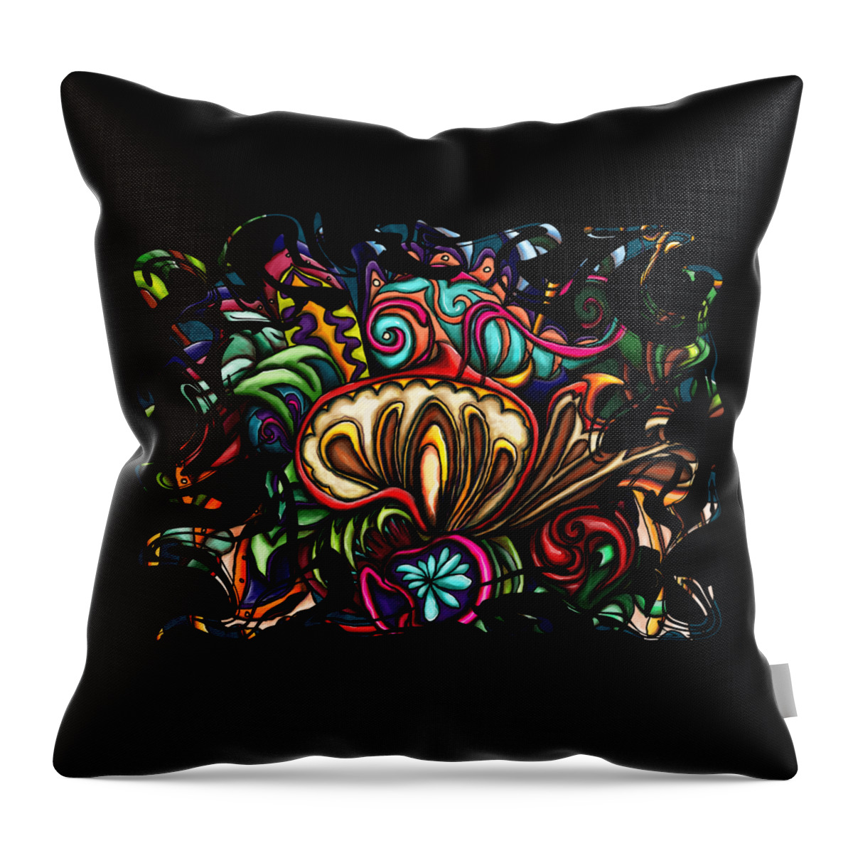 Mushroom Throw Pillow featuring the painting Abstract chameleon on red mushrooms, swirly colorful by Nadia CHEVREL