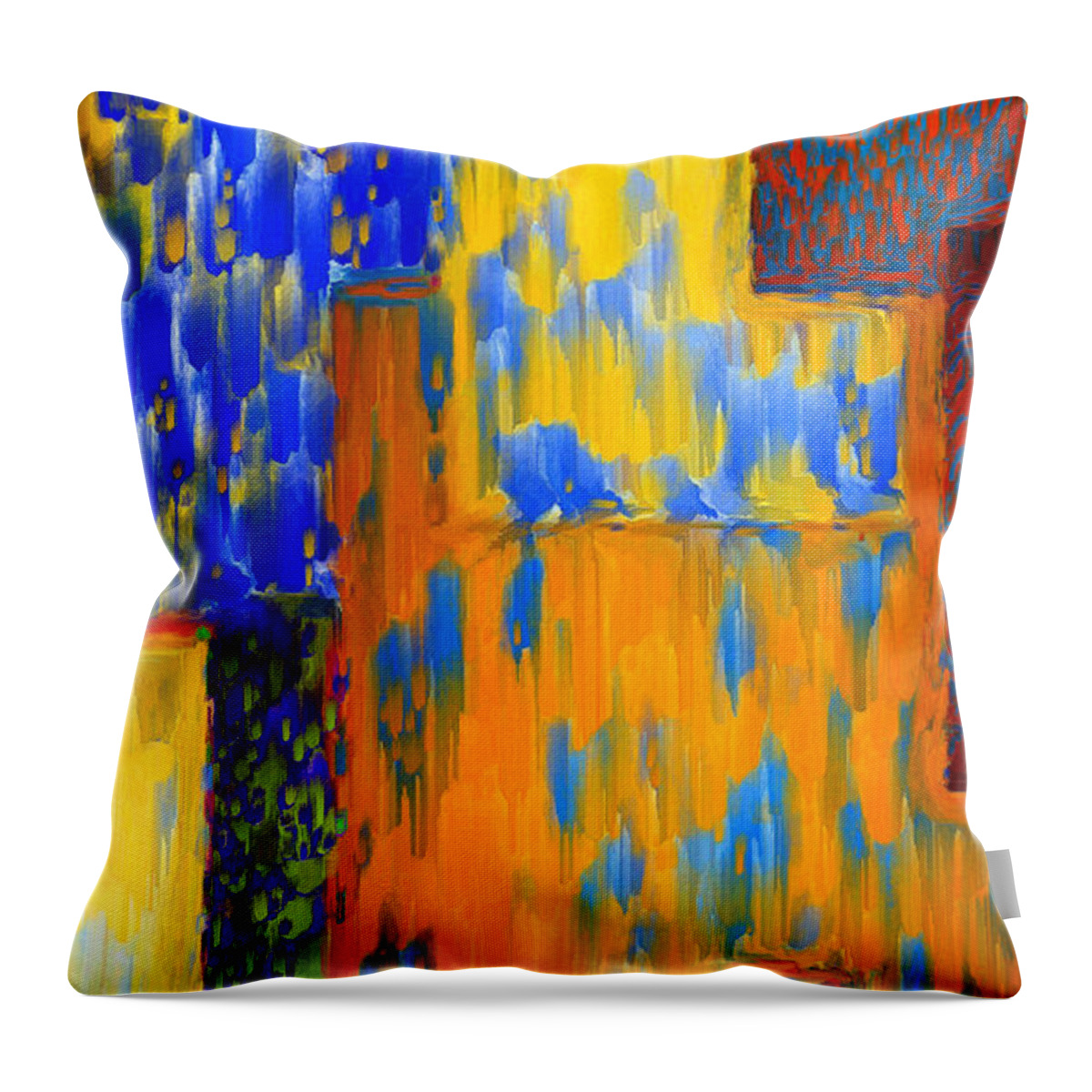 Abstract Throw Pillow featuring the painting Abstract in Blue Orange Red Yellow by Rafael Salazar
