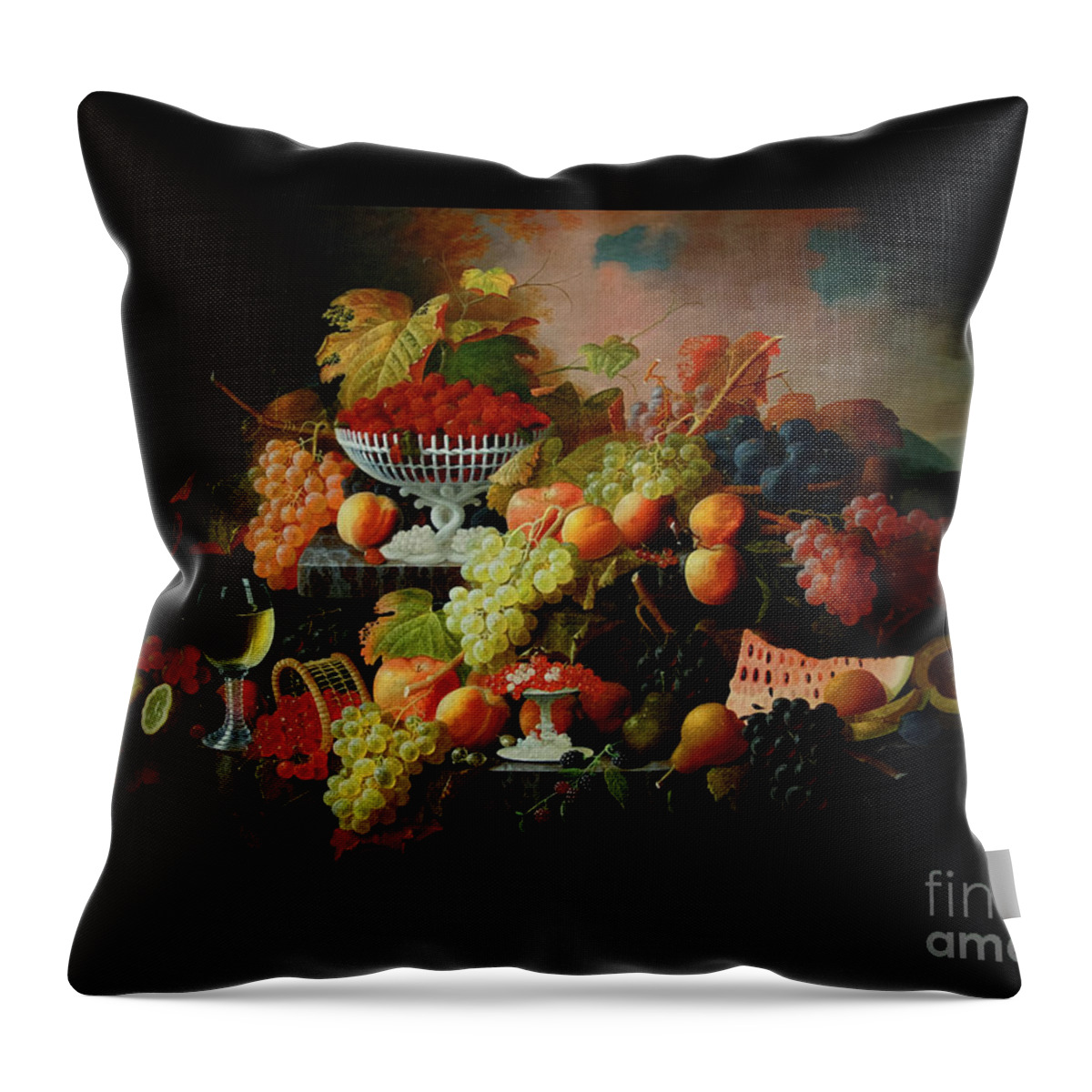 Abundance Of Fruit Throw Pillow featuring the painting Abundance of Fruit by Severin Roesen Old Masters Classical Fine Art Reproduction by Rolando Burbon