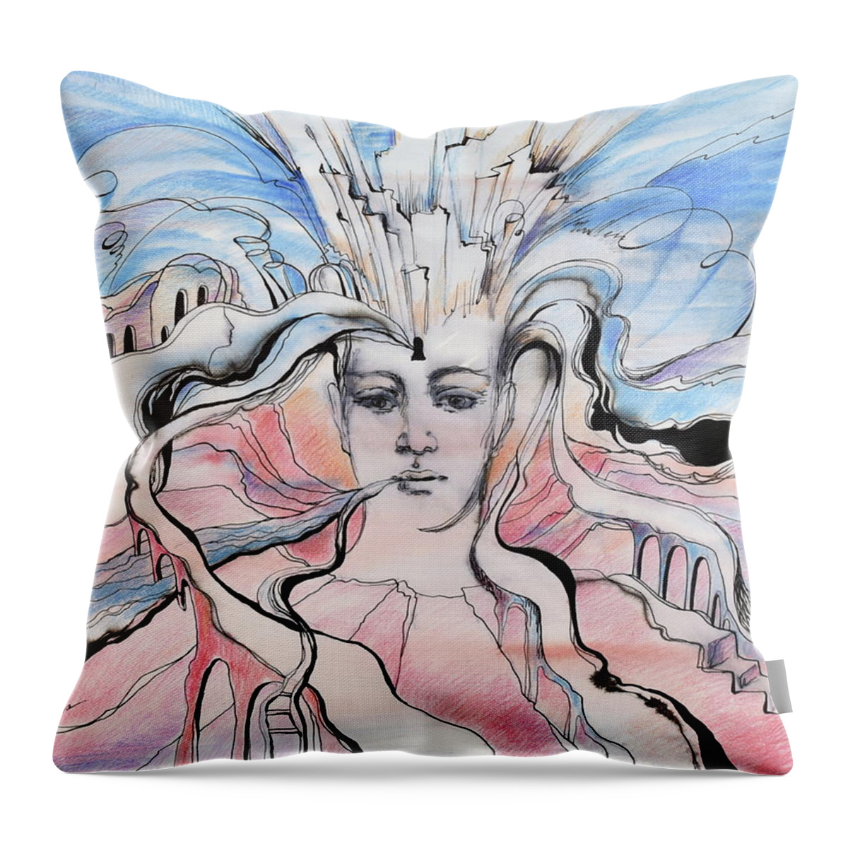 Fantasy Throw Pillow featuring the drawing Accessing Potentials by Valentina Plishchina