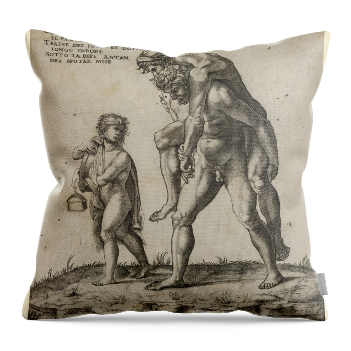 Giovanni Jacopo Caraglio Throw Pillow featuring the drawing Aeneas rescuing Anchises, a young boy carrying a lantern at left by Giovanni Jacopo Caraglio