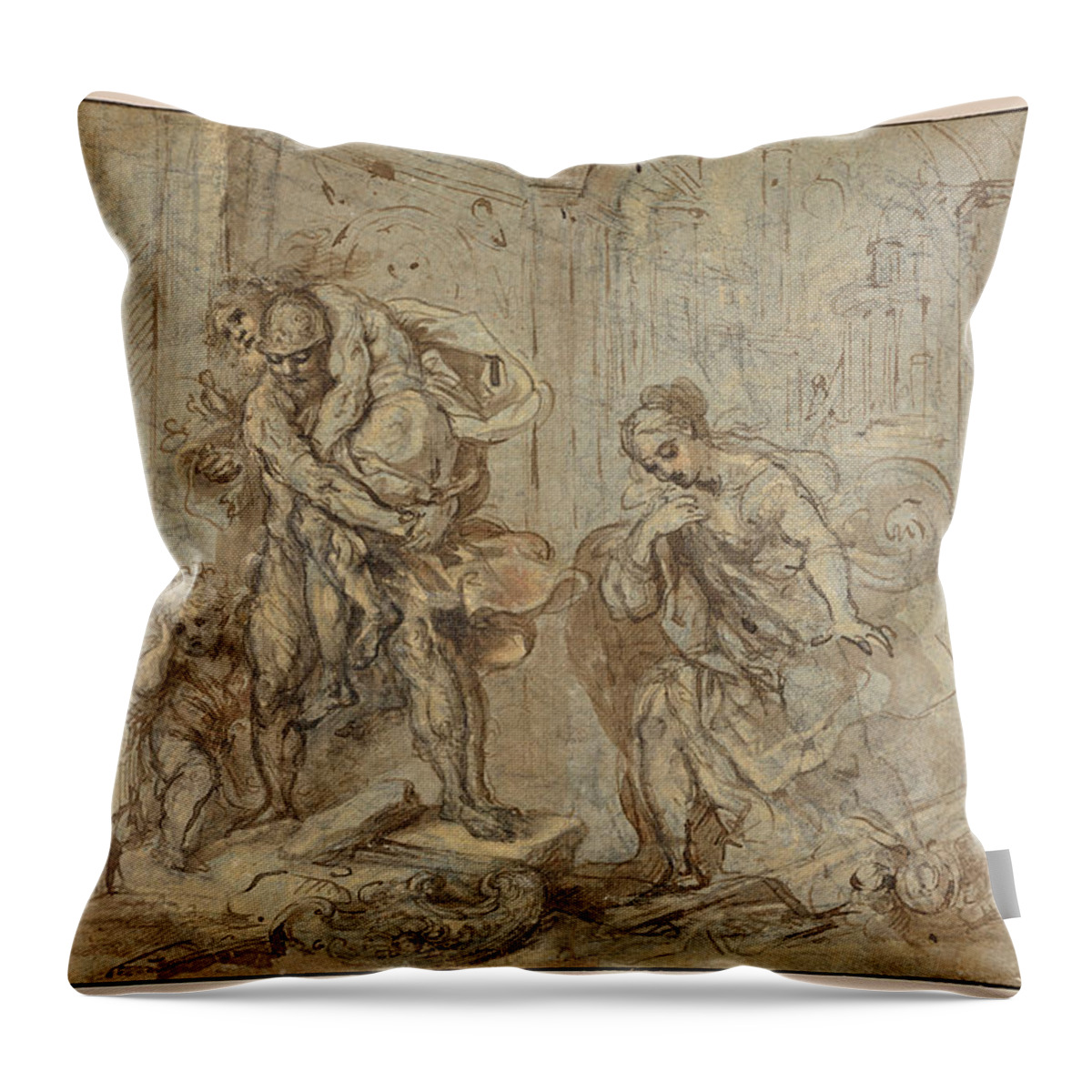 Federico Barocci Throw Pillow featuring the drawing Aeneas Saving Anchises at the Fall of Troy by Federico Barocci