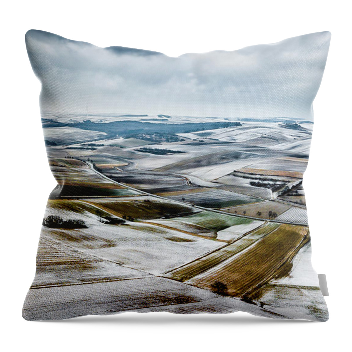 Above Throw Pillow featuring the photograph Aerial View Of Winter Landscape With Remote Settlements And Snow Covered Fields In Austria by Andreas Berthold