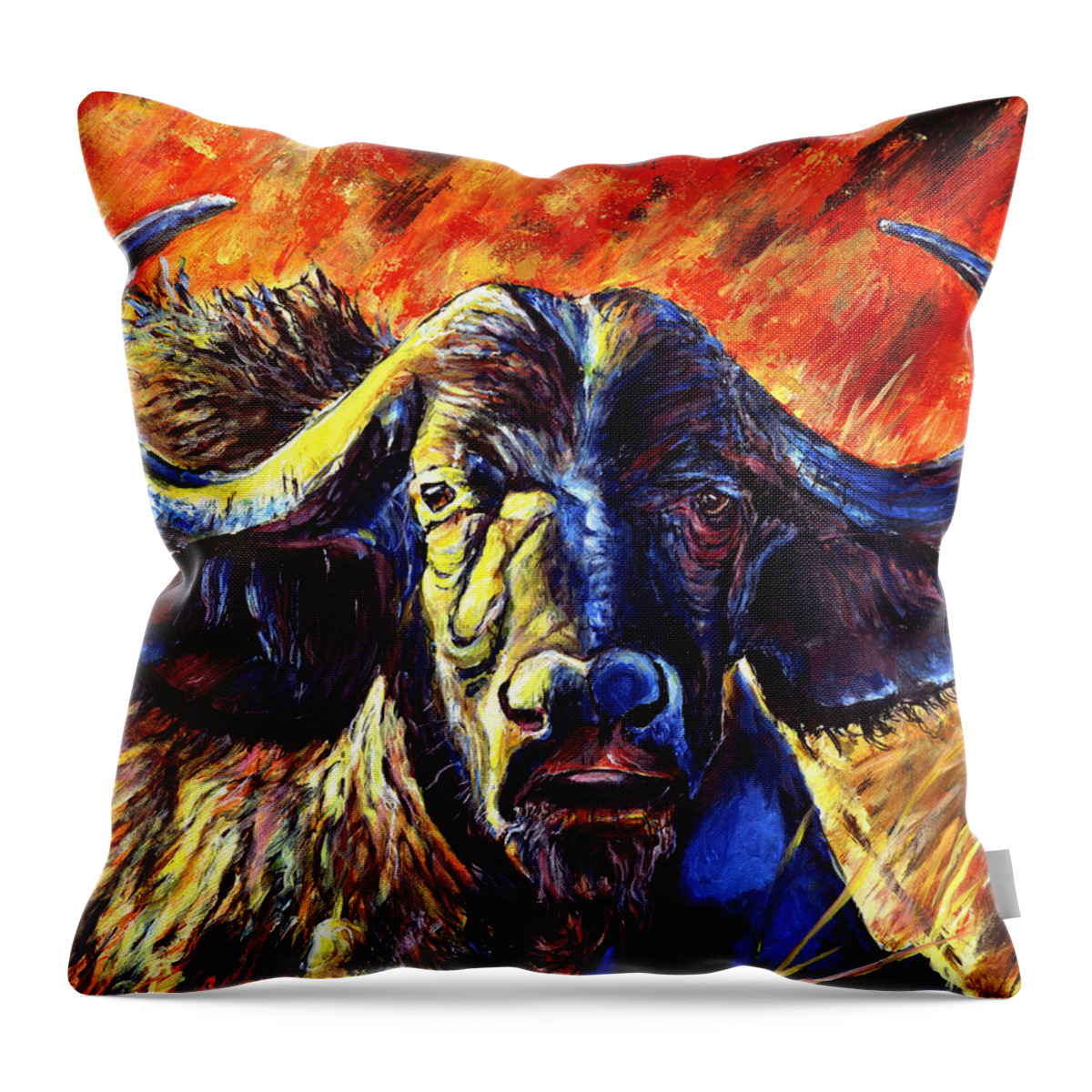 African Cape Buffalo Throw Pillow featuring the painting African Cape Buffalo by John Bohn