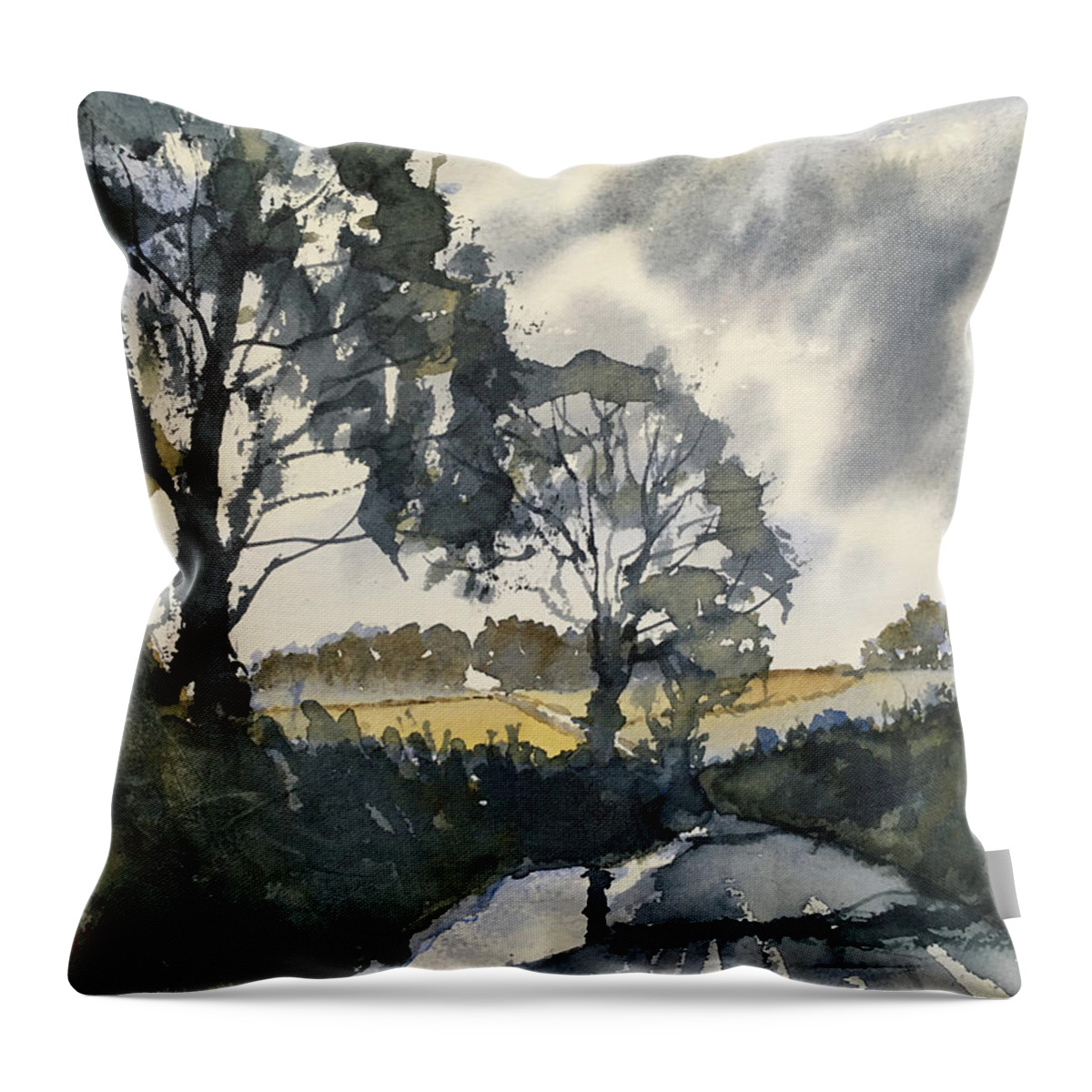 Watercolour Throw Pillow featuring the painting After rain on the road to Duggleby by Glenn Marshall