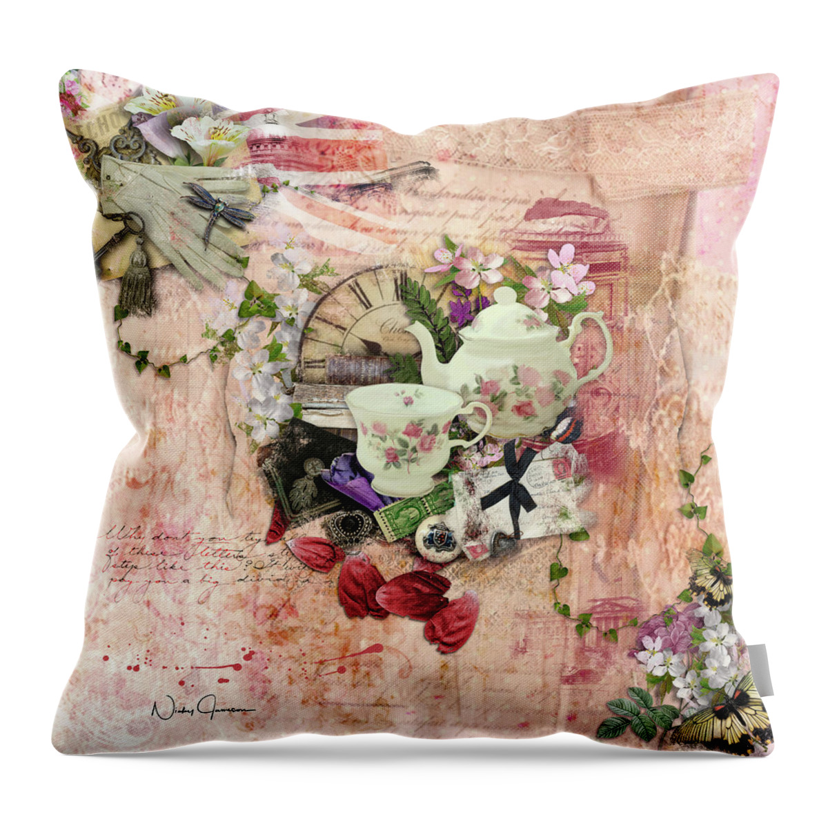British Throw Pillow featuring the mixed media Afternoon Tea by Nicky Jameson
