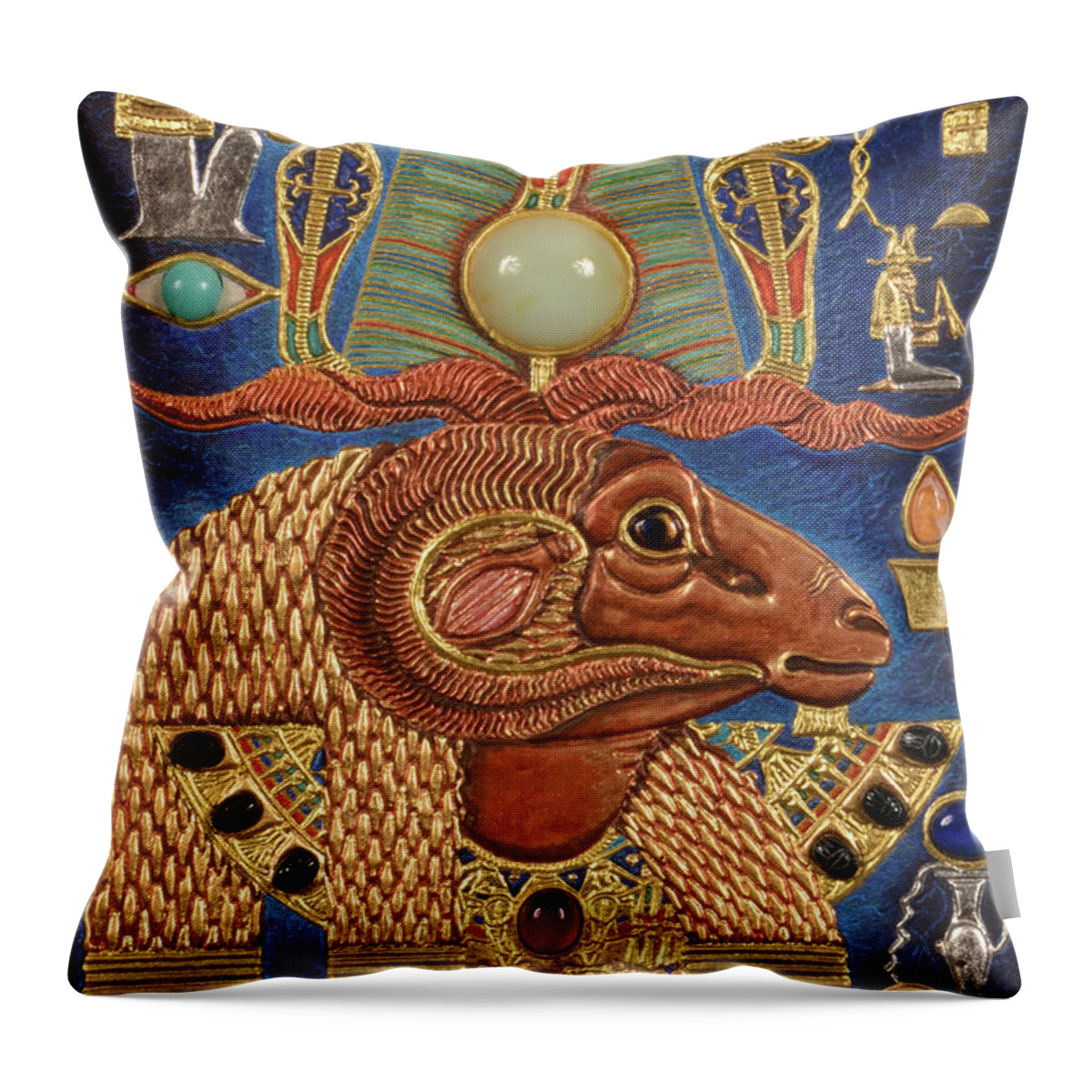 Ancient Throw Pillow featuring the mixed media Akem-Shield of Khnum-Ptah-Tatenen and the Egg of Creation by Ptahmassu Nofra-Uaa