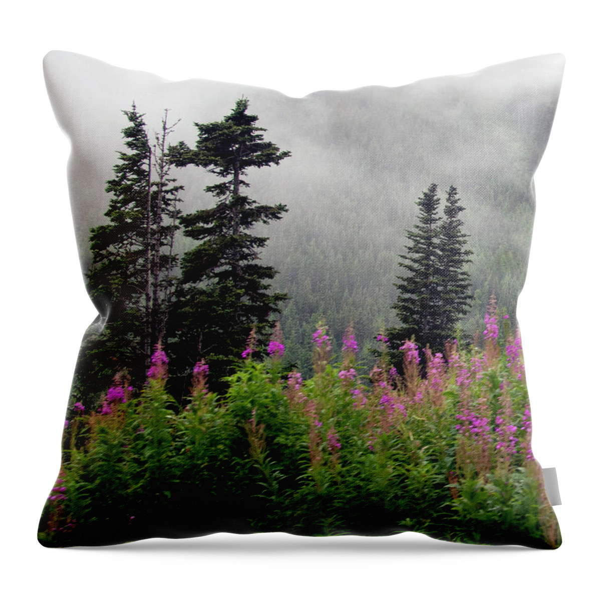 Skagway Throw Pillow featuring the photograph Alaska Pines and Wildflowers by Karen Zuk Rosenblatt