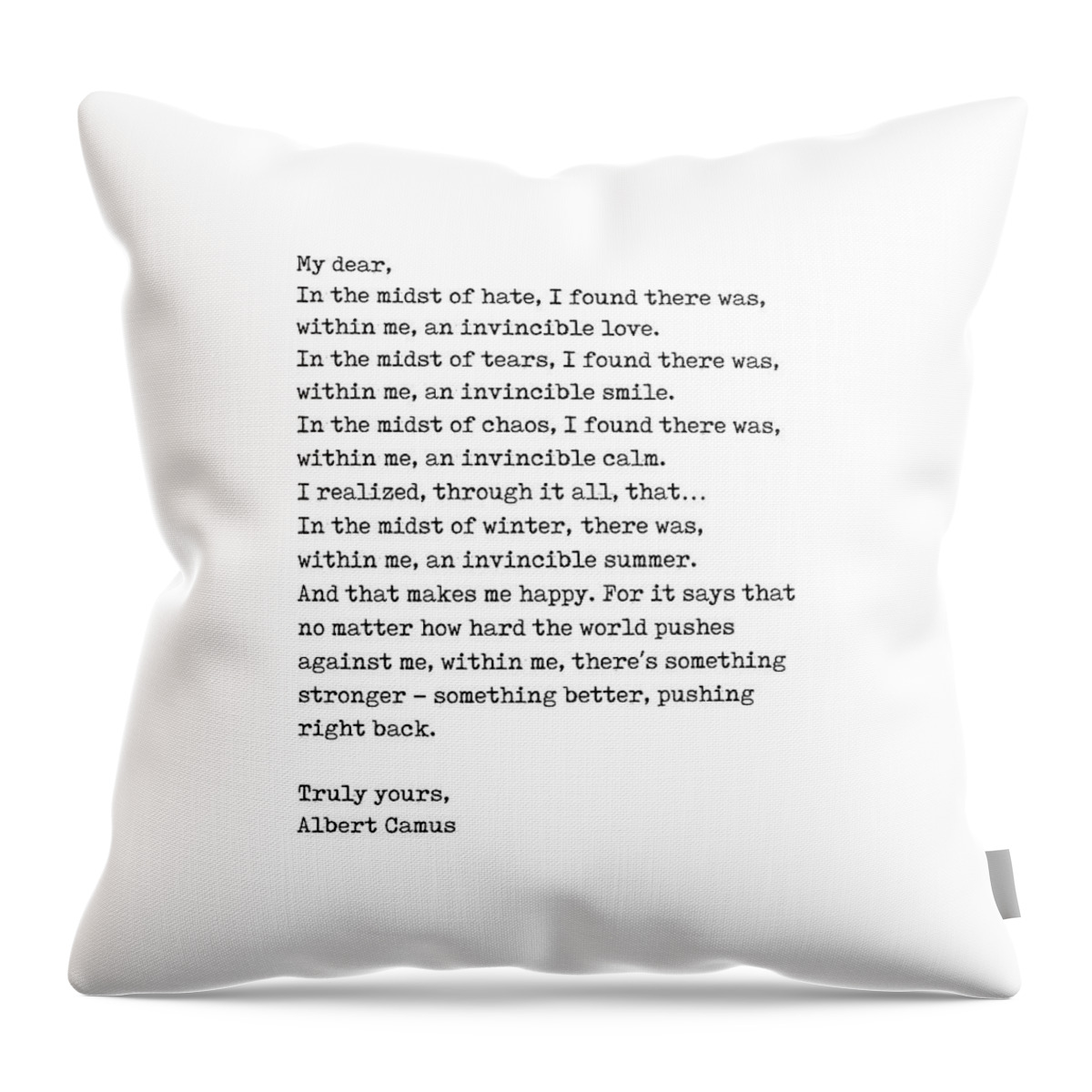 Albert Camus Throw Pillow featuring the digital art Albert Camus Quote - Invincible Summer 1 - Typewriter Print - Minimalist, Inspiring Literary Quote by Studio Grafiikka