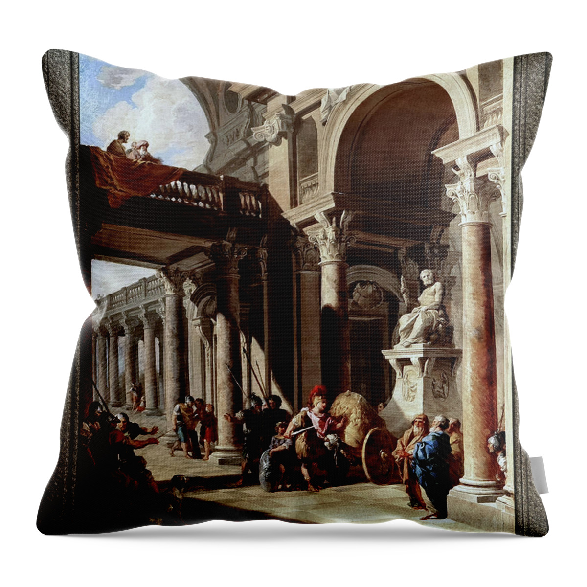 Alexander The Great Cutting The Gordian Knot Throw Pillow featuring the painting Alexander the Great Cutting the Gordian Knot by Giovanni Paolo Pannini by Rolando Burbon