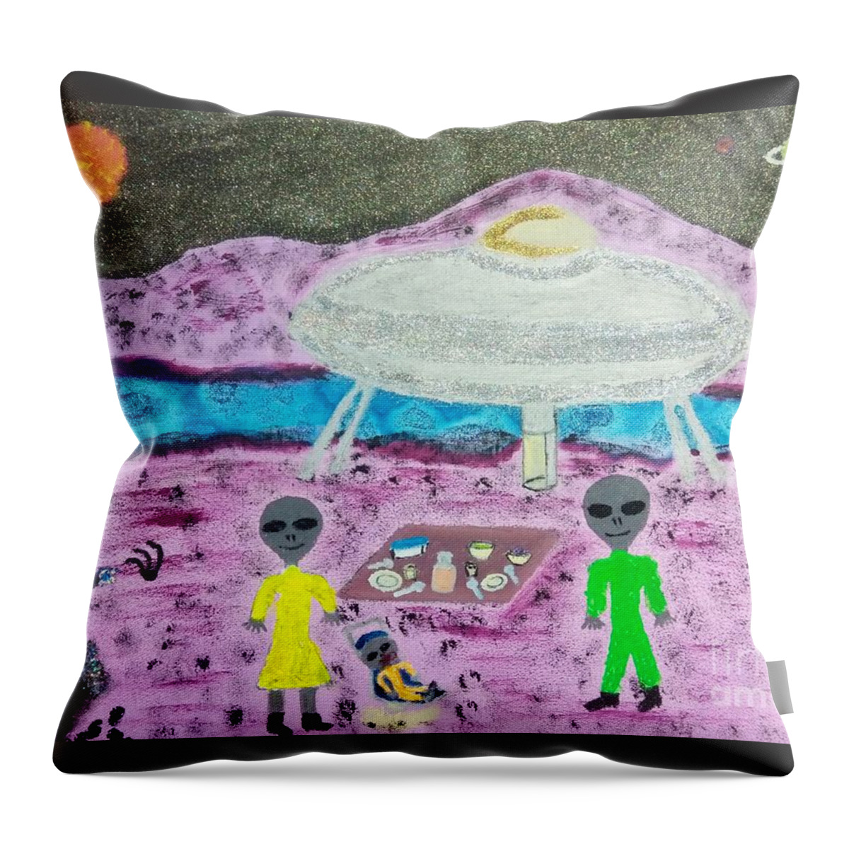 Alien Throw Pillow featuring the painting Alien Pick-nick by David Westwood