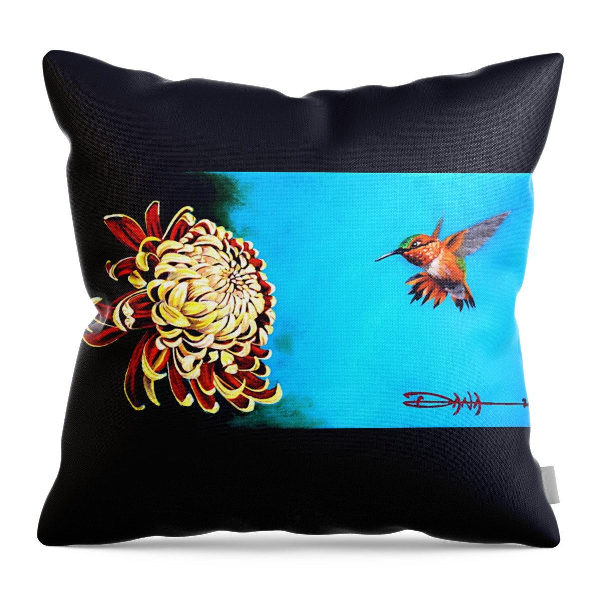 Birds Throw Pillow featuring the painting Allen's Hummingbird and Chrysanthemum by Dana Newman