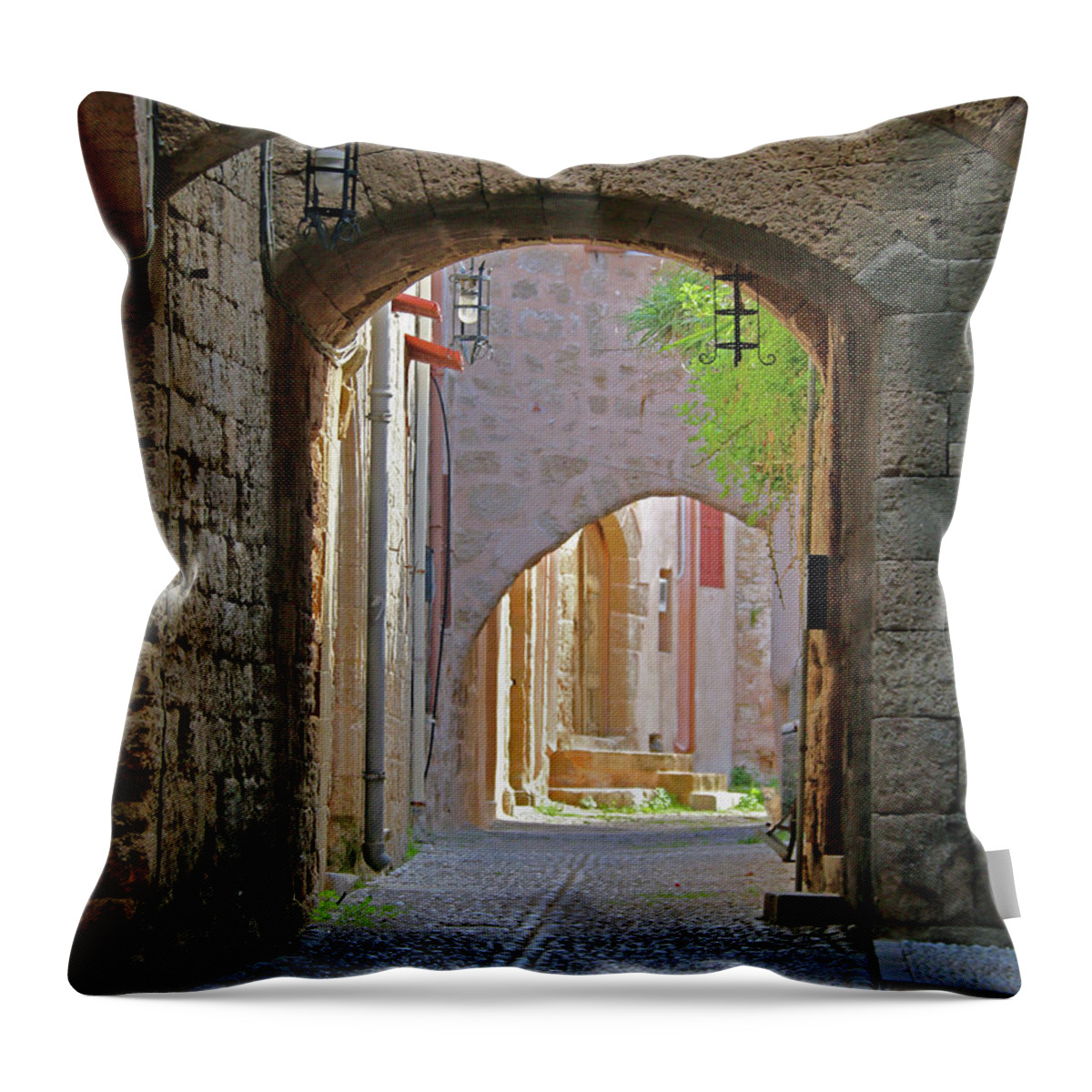 Rhodes Throw Pillow featuring the photograph Alley with Cat by M Kathleen Warren