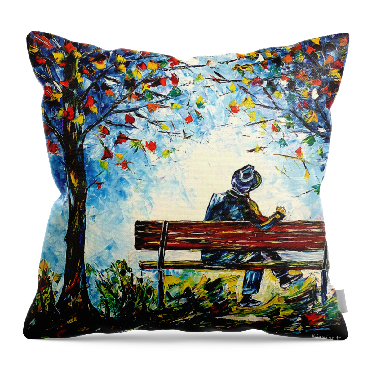 Lonely Man Throw Pillow featuring the painting Alone On A Bench by Mirek Kuzniar