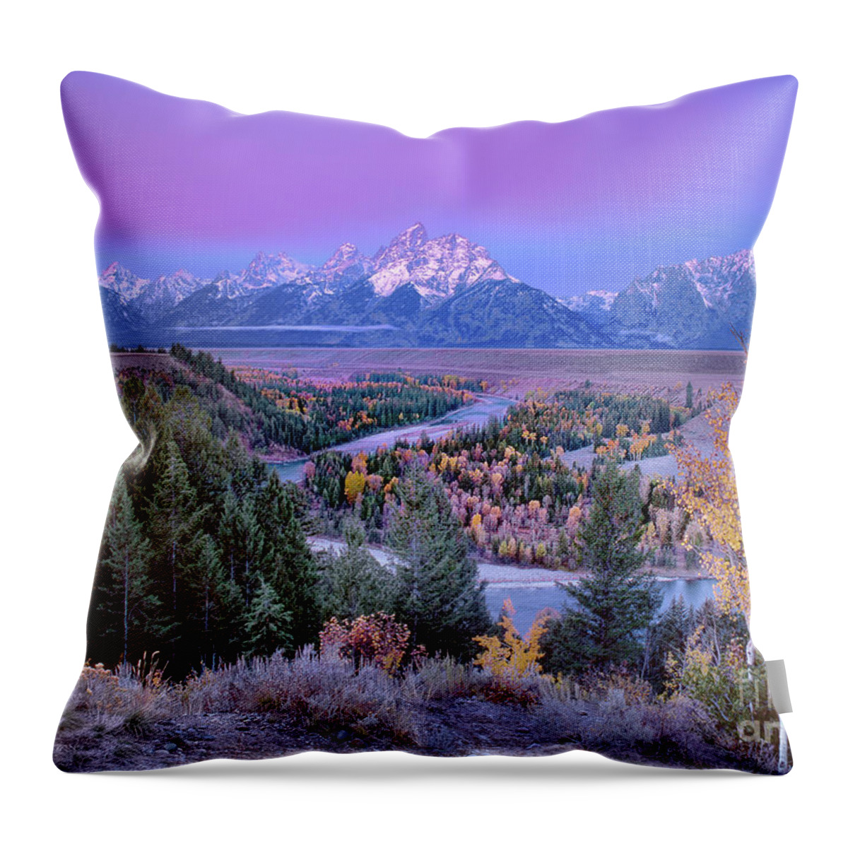 Dave Welling Throw Pillow featuring the photograph Alpenglow Snake River Overlook Grand Tetons Np by Dave Welling