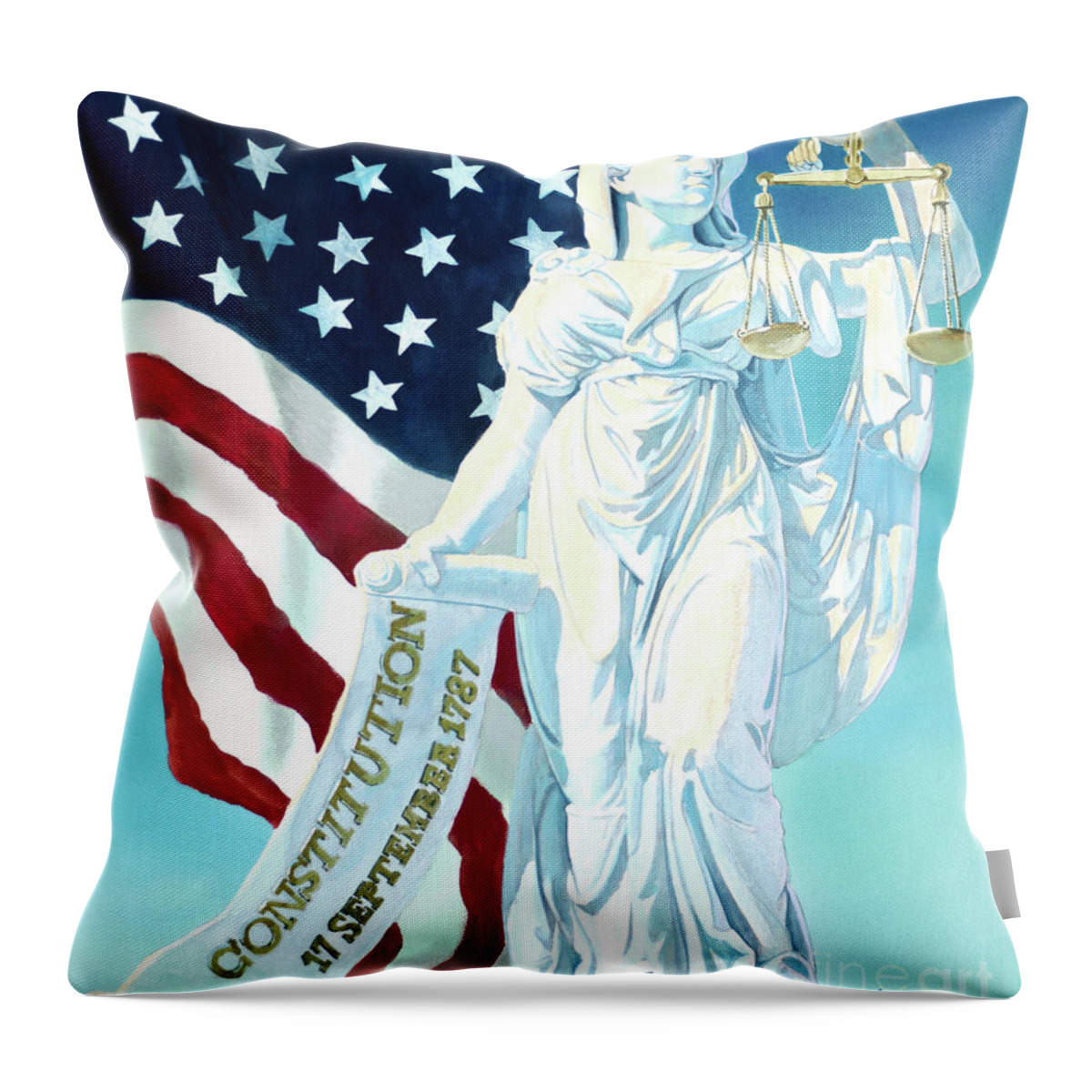 Tom Lydon Throw Pillow featuring the painting America - Genius of America - Justice Holding Scale And Scrolls by Tom Lydon