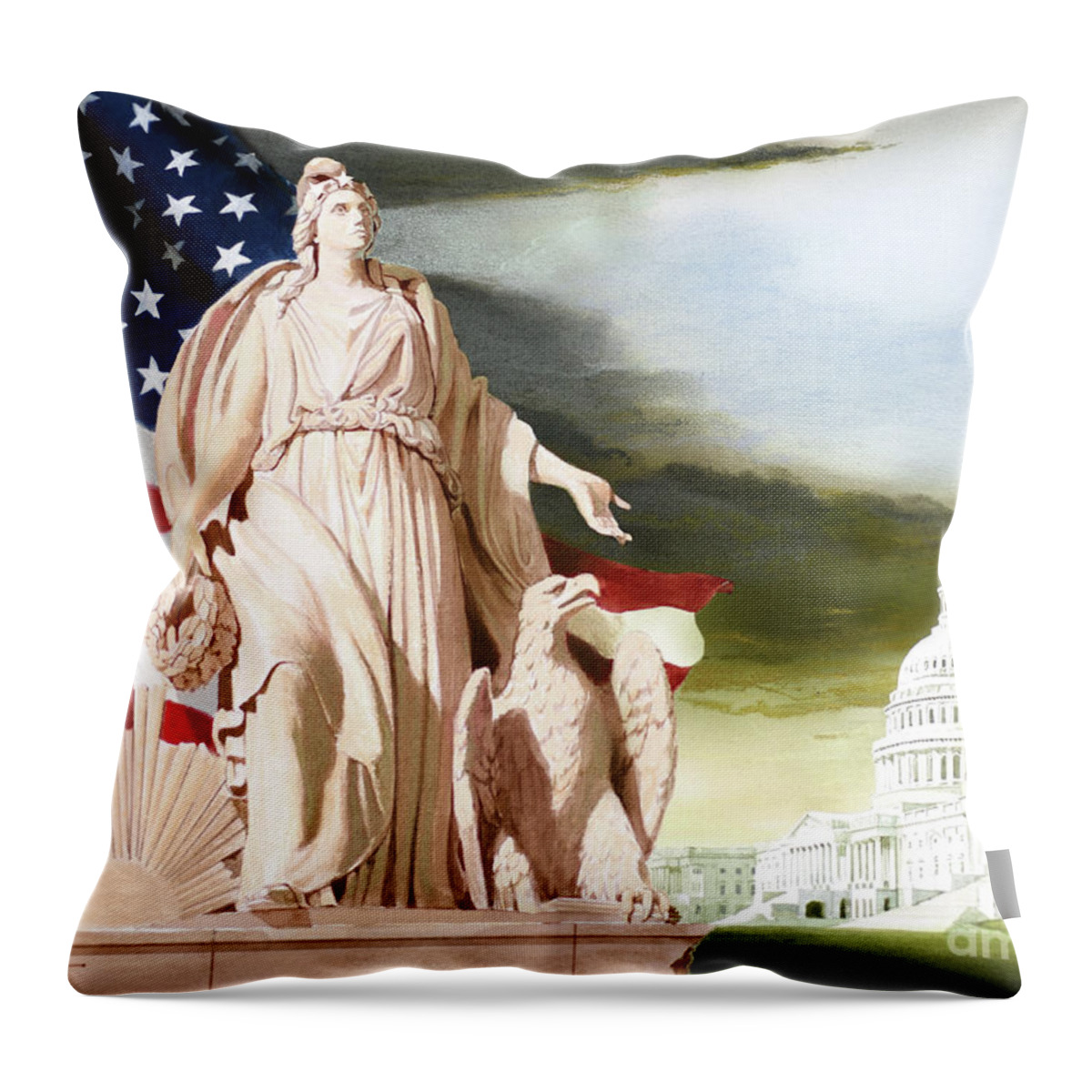 Tom Lydon Throw Pillow featuring the painting America - Progress of Civilization - America With Eagle At Her Side And Sun At Her Back by Tom Lydon