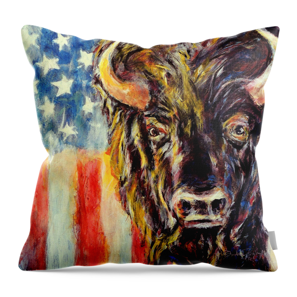 American Buffalo Flag Patriotic Throw Pillow featuring the painting American Buffalo by John Bohn