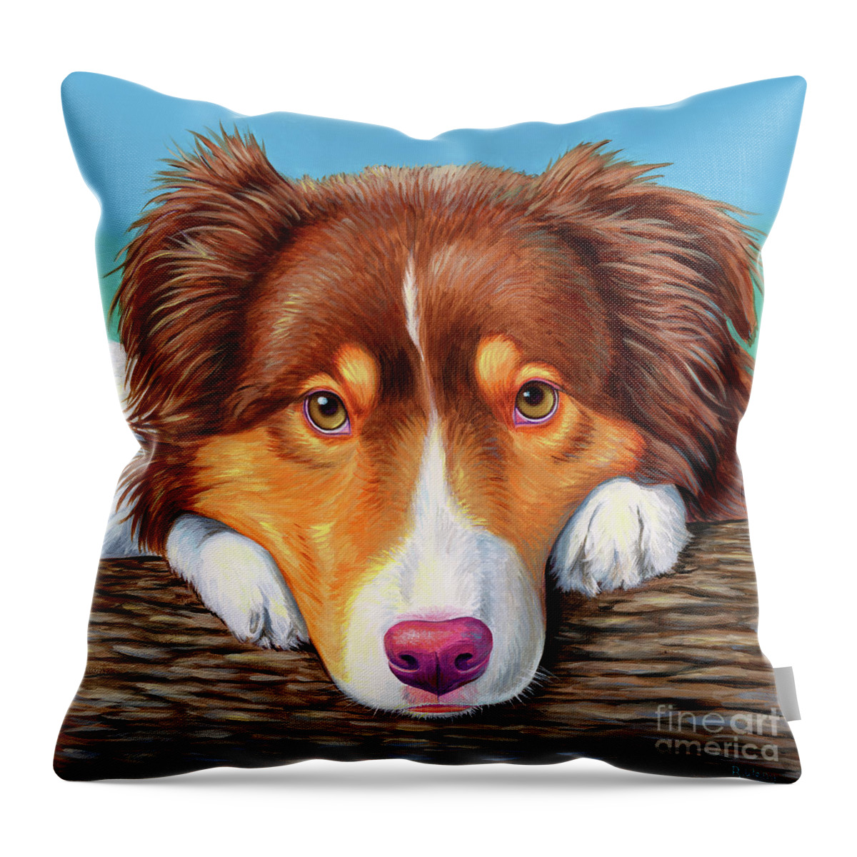 Dog Throw Pillow featuring the painting Ammo the Red Tricolor Australian Shepherd by Rebecca Wang