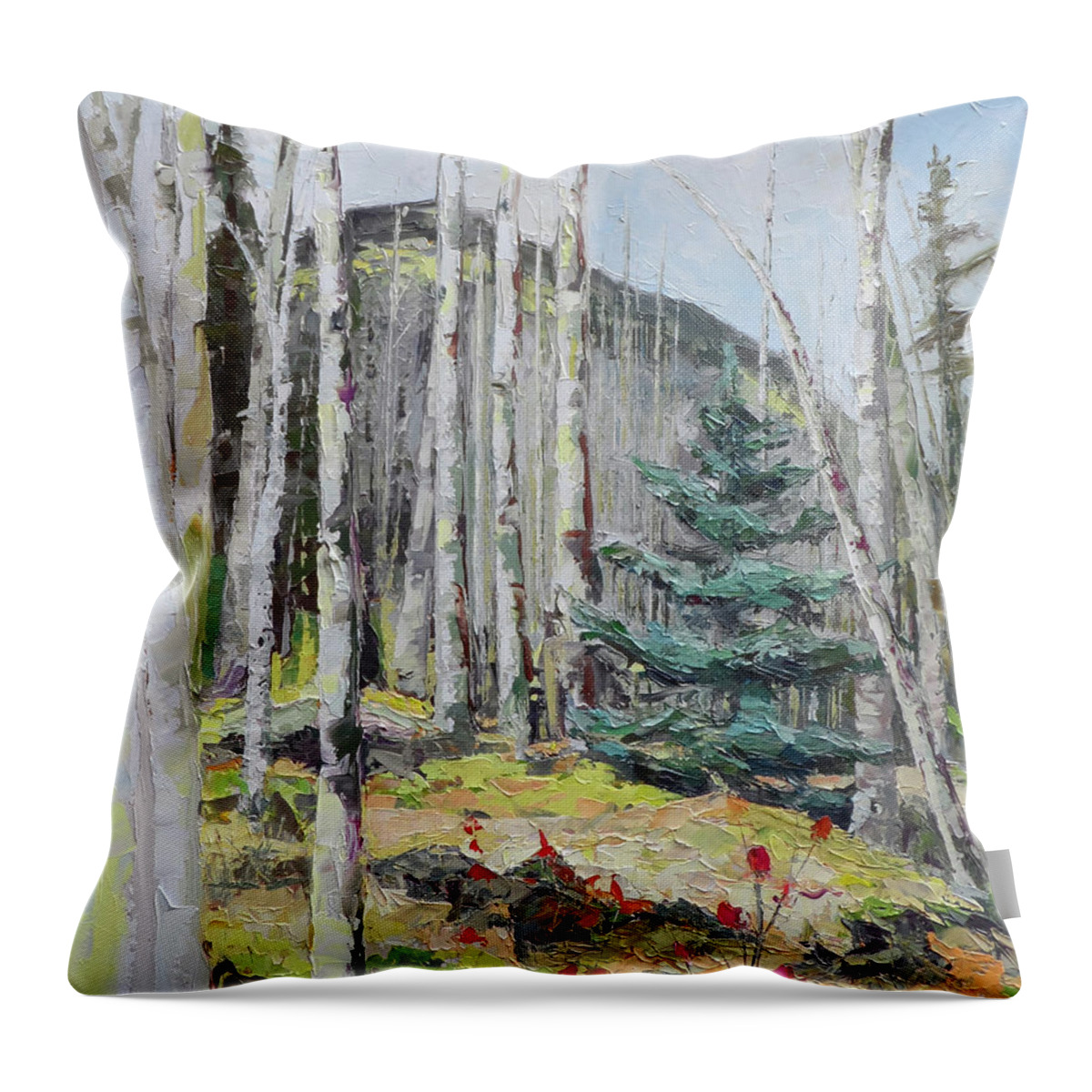 Aspen Throw Pillow featuring the painting Among the Aspen, 2018 by PJ Kirk